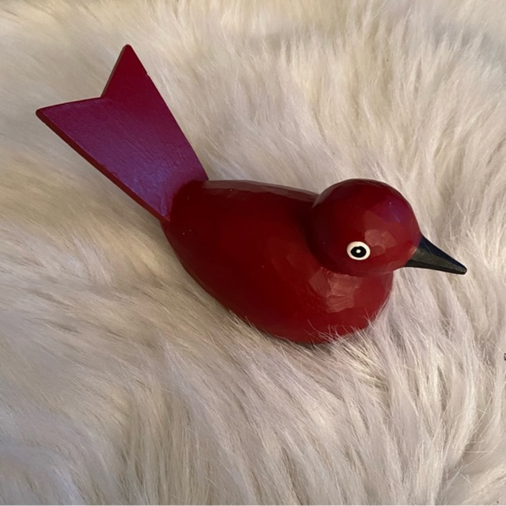 Red Wooden Bird Figurine Hand Carved Folk Art Dr Seuss Like